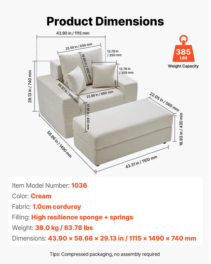 VEVOR Chaise Lounge Chair, 44 in Boneless Modular Chaise Lounge Indoor, Oversized Corduroy Reading Chair with Throw Pillows & Armrests, Deep Seat Sofa Couch Sleeper for Living Room, Bedroom, Beige - GDSTYXDFFTSB5K9IW001V0 - view 8