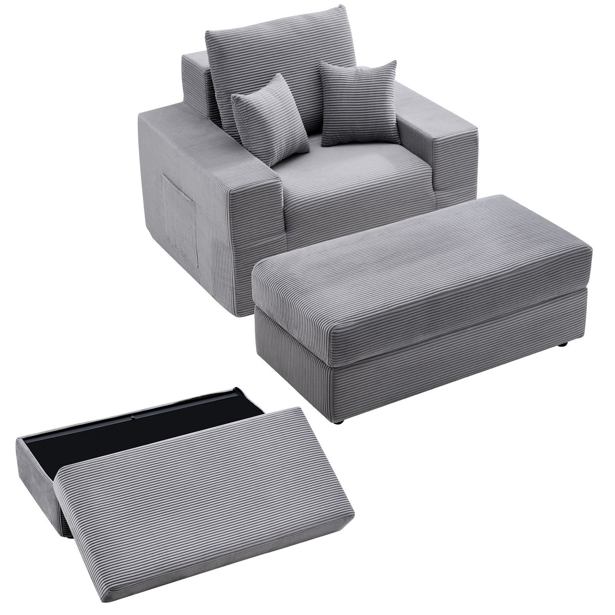 VEVOR Chaise Lounge Chair, 44 in Boneless Modular Chaise Lounge Indoor, Oversized Corduroy Reading Chair with Throw Pillows & Armrests, Deep Seat Sofa Couch Sleeper for Living Room, Bedroom, Grey - GDSTYXDFFTSB9SE6P001V0 - view 1