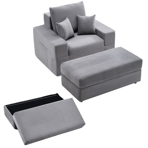 VEVOR Chaise Lounge Chair, 44 in Boneless Modular Chaise Lounge Indoor, Oversized Corduroy Reading Chair with Throw Pillows & Armrests, Deep Seat Sofa Couch Sleeper for Living Room, Bedroom, Grey - GDSTYXDFFTSB9SE6P001V0 - view 2