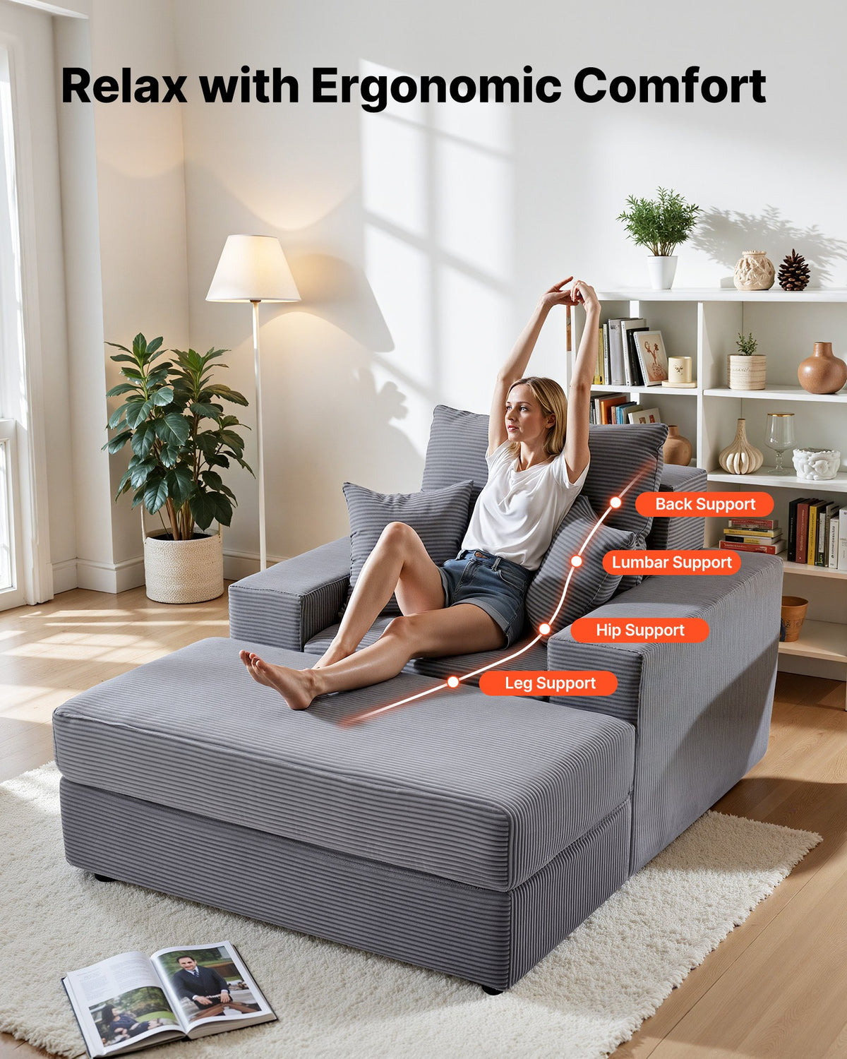 VEVOR Chaise Lounge Chair, 44 in Boneless Modular Chaise Lounge Indoor, Oversized Corduroy Reading Chair with Throw Pillows & Armrests, Deep Seat Sofa Couch Sleeper for Living Room, Bedroom, Grey - GDSTYXDFFTSB9SE6P001V0 - view 3