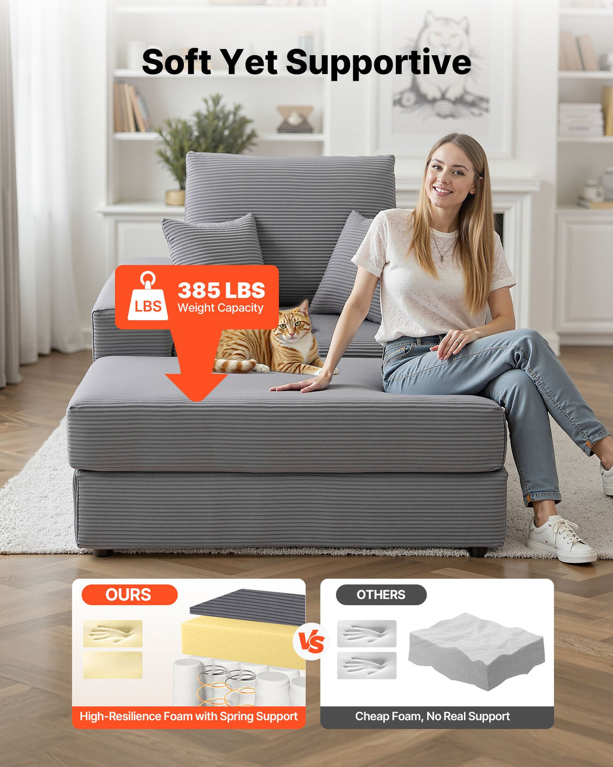 VEVOR Chaise Lounge Chair, 44 in Boneless Modular Chaise Lounge Indoor, Oversized Corduroy Reading Chair with Throw Pillows & Armrests, Deep Seat Sofa Couch Sleeper for Living Room, Bedroom, Grey - GDSTYXDFFTSB9SE6P001V0 - view 5