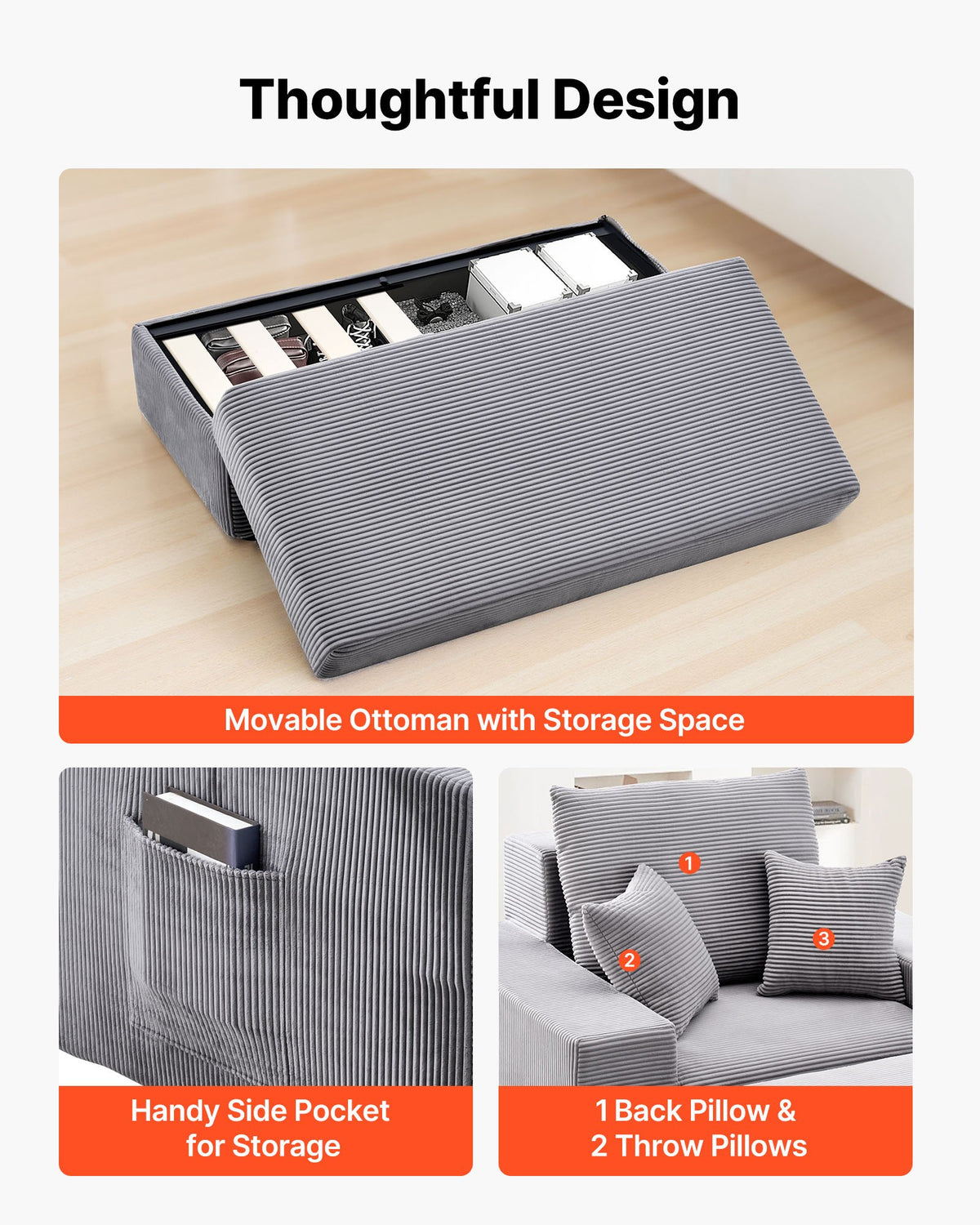 VEVOR Chaise Lounge Chair, 44 in Boneless Modular Chaise Lounge Indoor, Oversized Corduroy Reading Chair with Throw Pillows & Armrests, Deep Seat Sofa Couch Sleeper for Living Room, Bedroom, Grey - GDSTYXDFFTSB9SE6P001V0 - view 6