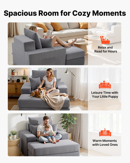 VEVOR Chaise Lounge Chair, 44 in Boneless Modular Chaise Lounge Indoor, Oversized Corduroy Reading Chair with Throw Pillows & Armrests, Deep Seat Sofa Couch Sleeper for Living Room, Bedroom, Grey - GDSTYXDFFTSB9SE6P001V0 - view 7