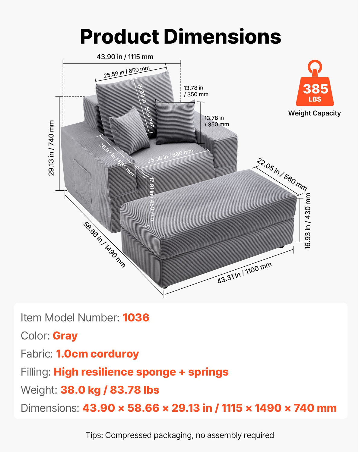 VEVOR Chaise Lounge Chair, 44 in Boneless Modular Chaise Lounge Indoor, Oversized Corduroy Reading Chair with Throw Pillows & Armrests, Deep Seat Sofa Couch Sleeper for Living Room, Bedroom, Grey - GDSTYXDFFTSB9SE6P001V0 - view 8