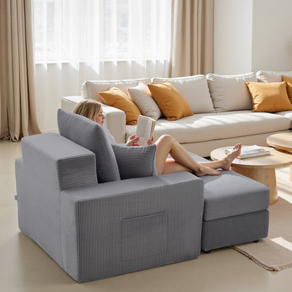 VEVOR Chaise Lounge Chair, 44 in Boneless Modular Chaise Lounge Indoor, Oversized Corduroy Reading Chair with Throw Pillows & Armrests, Deep Seat Sofa Couch Sleeper for Living Room, Bedroom, Grey - GDSTYXDFFTSB9SE6P001V0 - view 9