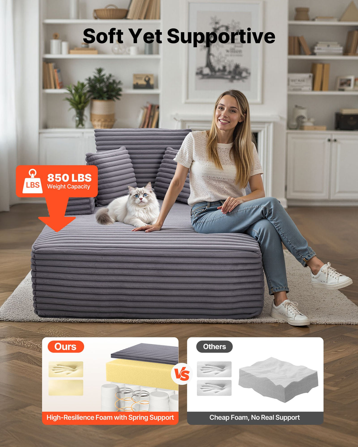 VEVOR Chaise Lounge Chair, 54 in Boneless Chaise Lounge Indoor, Modern Upholstered Oversized Reading Chair with Throw Pillows & Armrests, Sofa Couch Deep Seat Sleeper for Living Room, Bedroom, Grey - GDSTYXDFYTSQCGRO8001V0 - view 5