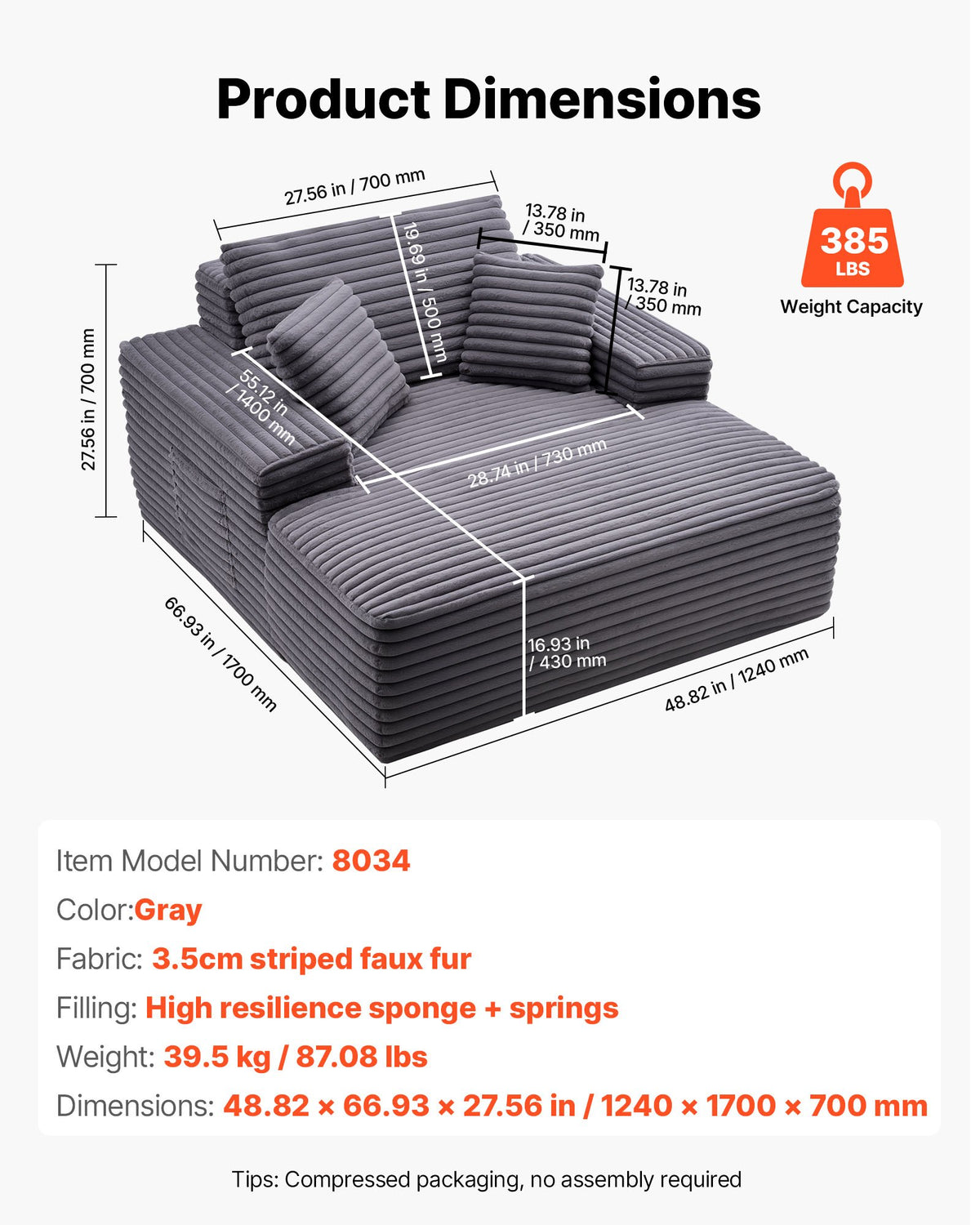 VEVOR Chaise Lounge Chair, 48 in Boneless Chaise Lounge Indoor, Modern Upholstered Oversized Reading Chair with Throw Pillows & Armrests, Sofa Couch Deep Seat Sleeper for Living Room, Bedroom, Balcony - GDSTYXDFYTSQYE335001V0 - view 8