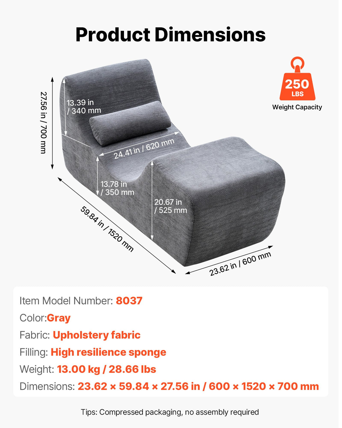 VEVOR Yoga Chair Chaise, Ergonomic Chaise Lounge Chair for Yoga, Modern Boneless Curved Foam Lounge Indoor for Massage, Stretching, Relaxation, Exercise, Used in Living Room, Bedroom, Balcony, Grey - GDSTYYJFYTSQRW258001V0 - view 8