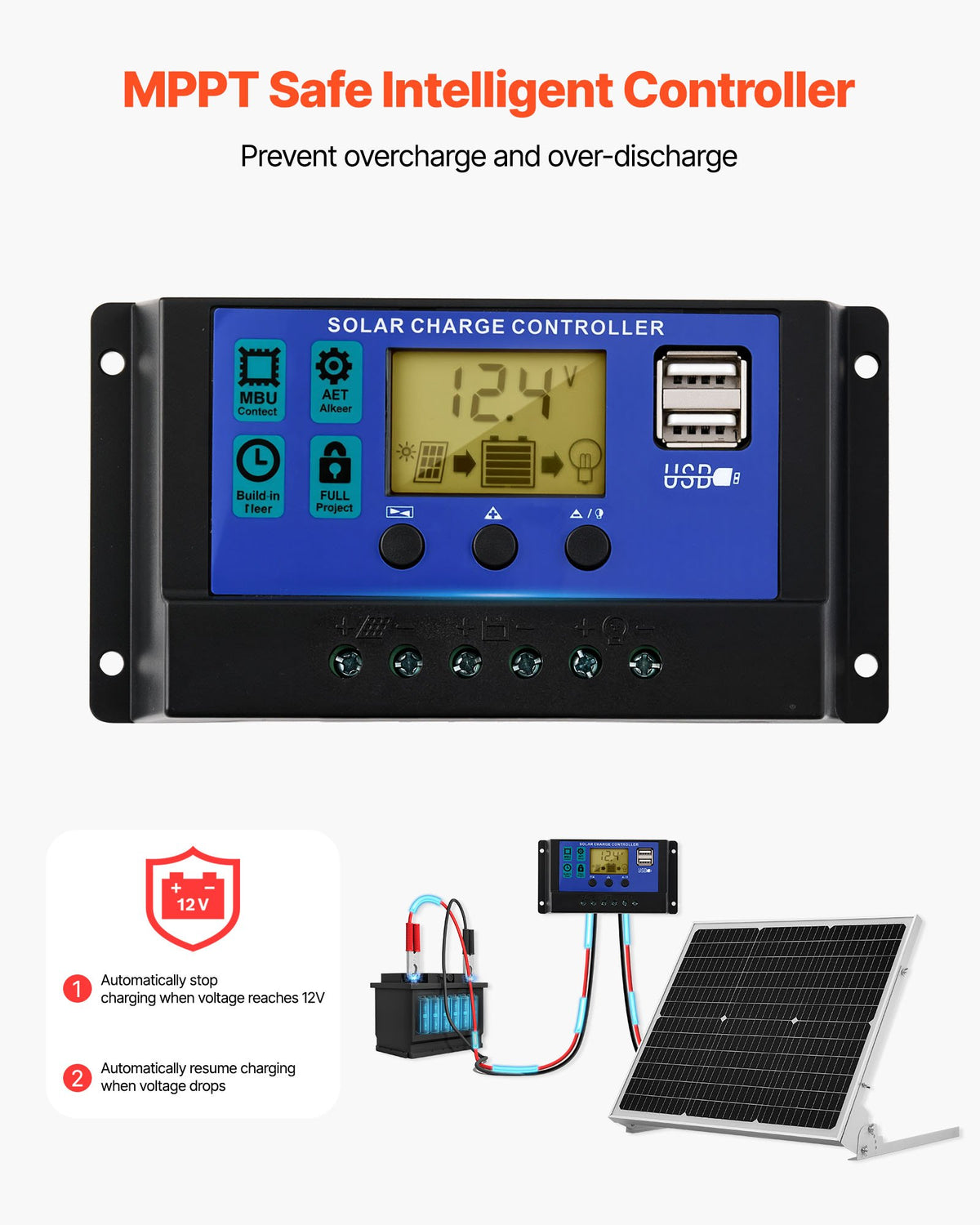 VEVOR 50W 12V Solar Battery Trickle Charger Maintainer, Mono Solar Panel Battery Charger with Upgraded MPPT Controller & Adjustable Mount Bracket, IP65 Waterproof for Car Boat RV Trailer House Roof - GDSXLDJG50WWGZAH2001Y3 - view 4