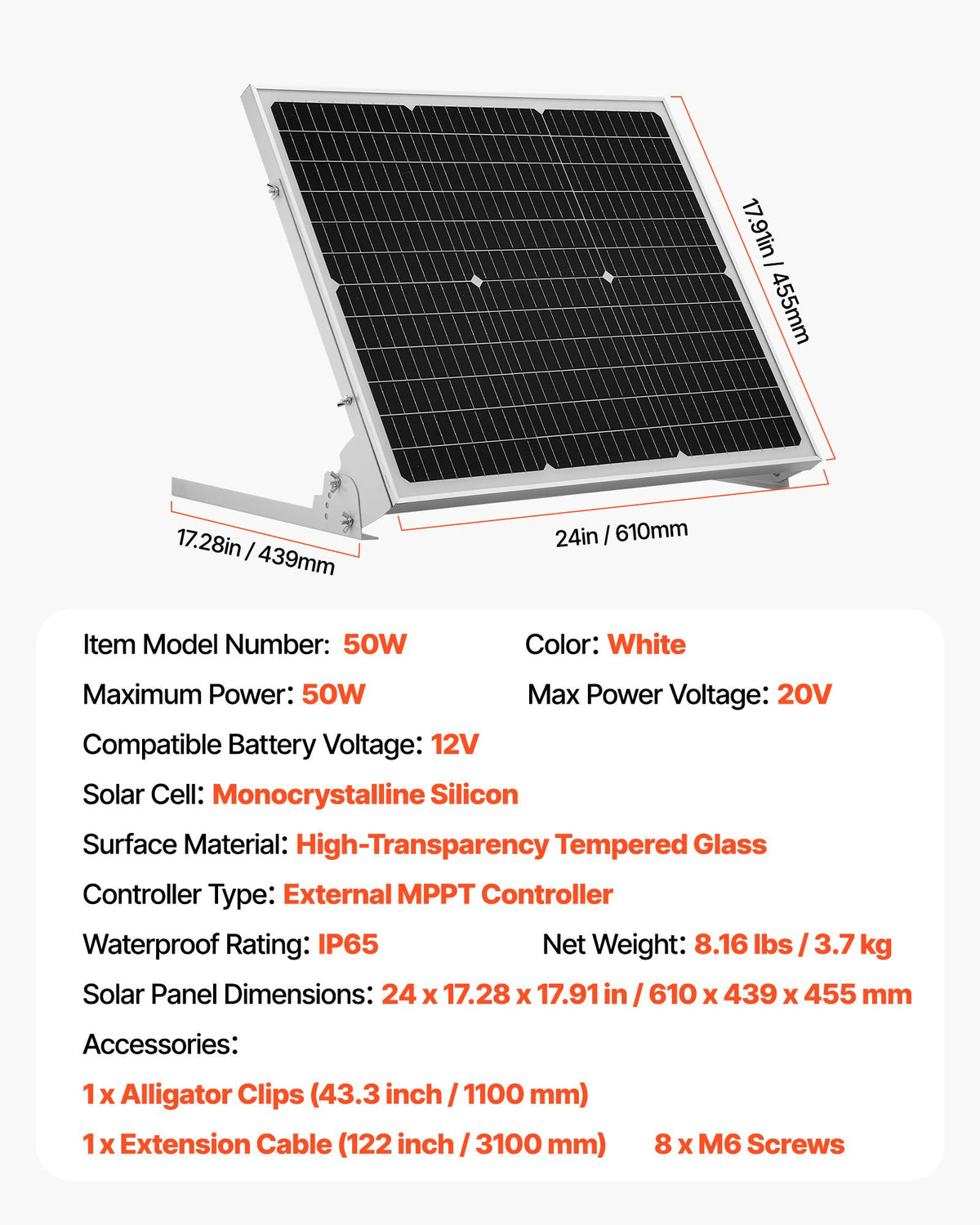 VEVOR 50W 12V Solar Battery Trickle Charger Maintainer, Mono Solar Panel Battery Charger with Upgraded MPPT Controller & Adjustable Mount Bracket, IP65 Waterproof for Car Boat RV Trailer House Roof - GDSXLDJG50WWGZAH2001Y3 - view 8