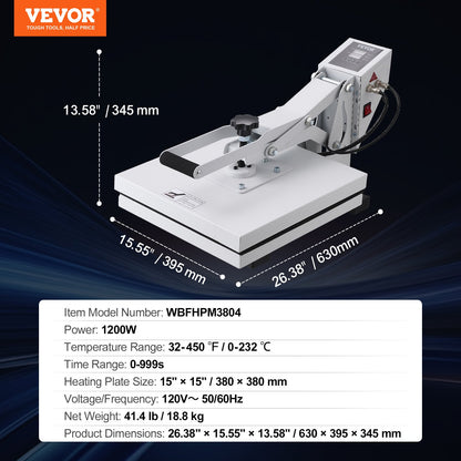 VEVOR Heat Press, Heat Press Machine for T-Shirt, Fast Heating, High Pressure Heat Press 15x15, Power Digital Industrial Sublimation Printer for Heat Transfer Vinyl, Easy to Use, White - GDSYD1515110VBP0EV1 - view 8