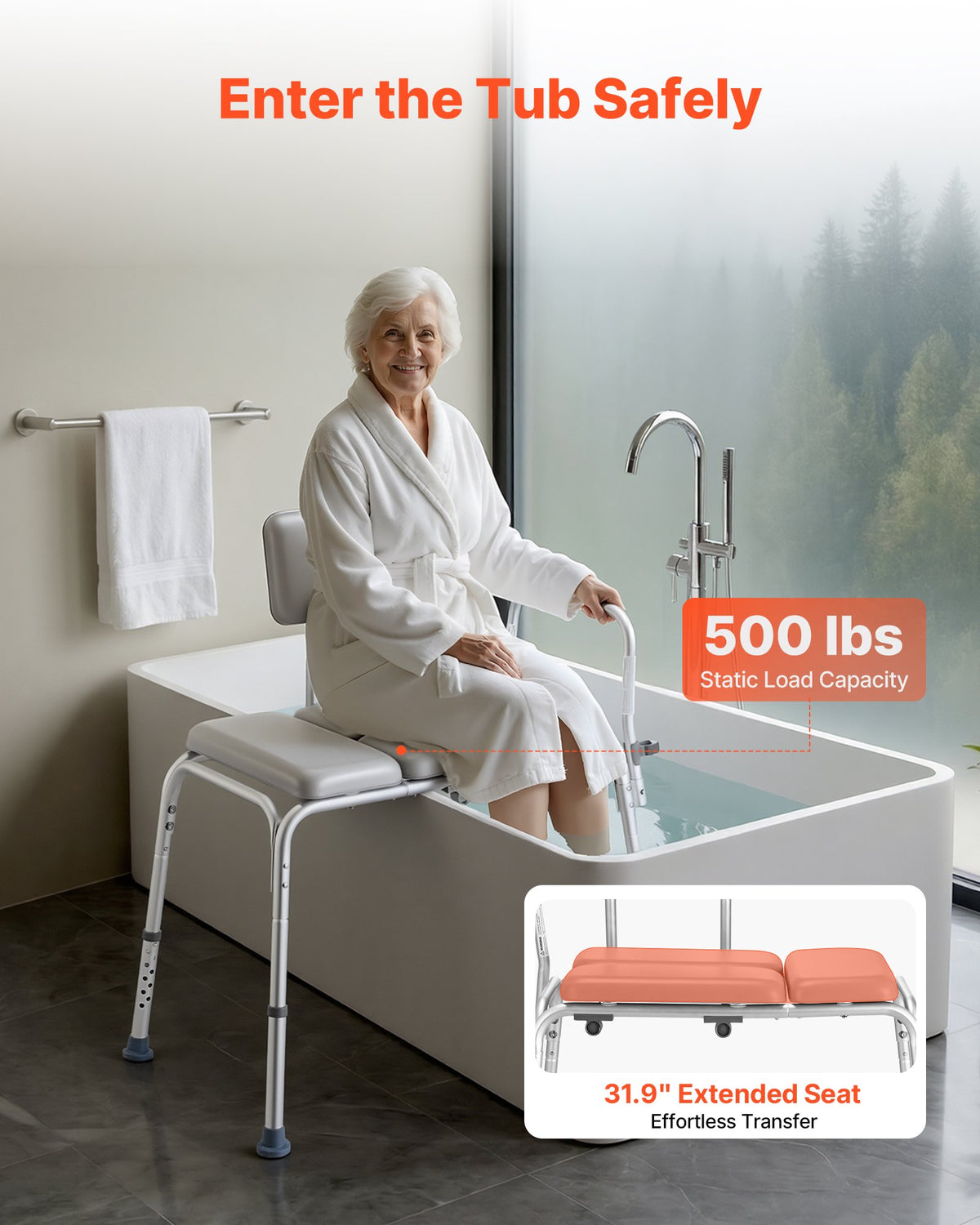 VEVOR Tub Transfer Bench for Bathtub, 500 lbs Weight Capacity Heavy Duty Shower Chair with Arm and Backrest, Height Adjustable Bathroom Shower Bench Bath Seat for Adults, Seniors, Elderly and Disabled - GDSYGZYTLSLB1UMXX001V0 - view 3