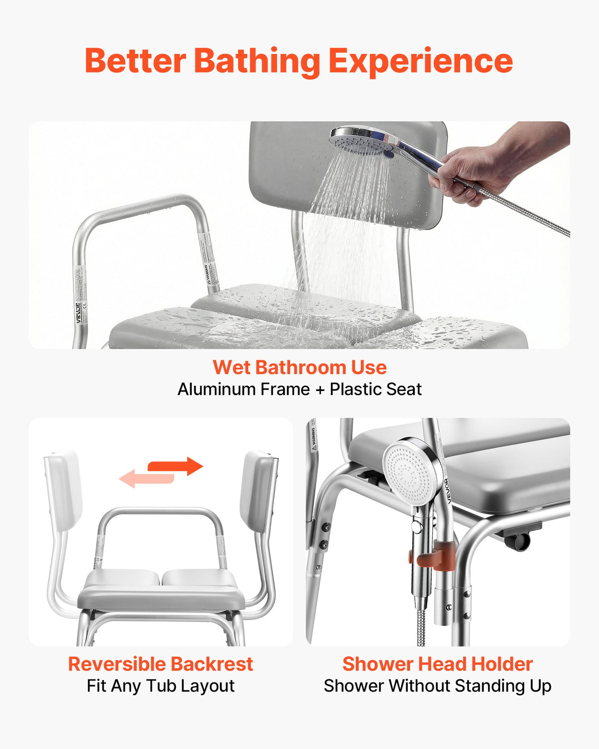 VEVOR Tub Transfer Bench for Bathtub, 500 lbs Weight Capacity Heavy Duty Shower Chair with Arm and Backrest, Height Adjustable Bathroom Shower Bench Bath Seat for Adults, Seniors, Elderly and Disabled - GDSYGZYTLSLB1UMXX001V0 - view 6