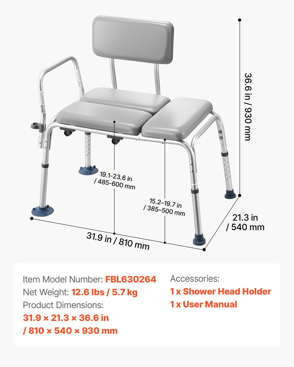 VEVOR Tub Transfer Bench for Bathtub, 500 lbs Weight Capacity Heavy Duty Shower Chair with Arm and Backrest, Height Adjustable Bathroom Shower Bench Bath Seat for Adults, Seniors, Elderly and Disabled - GDSYGZYTLSLB1UMXX001V0 - view 8