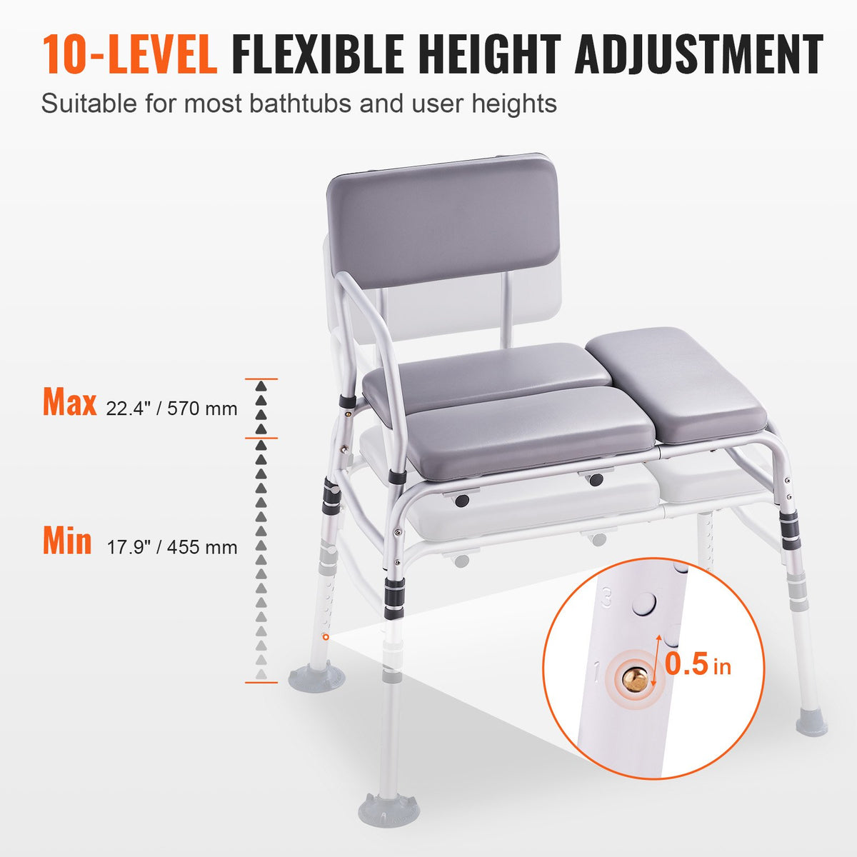 VEVOR Tub Transfer Bench for Bathtub 500lbs, Shower Seats for Adults, Lightweight Shower Bench for Elderly and Disabled with Padded Seat,  Non-Slip Bath Seats with Armrest and Reversible Backrest - GDSYGZYTLSLB6DTHDV0 - view 6