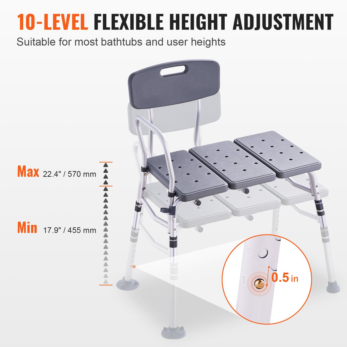 VEVOR Tub Transfer Bench for Bathtub, Adjustable Shower Seats for Adults, Lightweight Shower Bench for Elderly and Disabled, Non-Slip Bath Seats with Armrest and Reversible Backrest, 400lbs Capacity - GDSYGZYTLSLBISSULV0 - view 4
