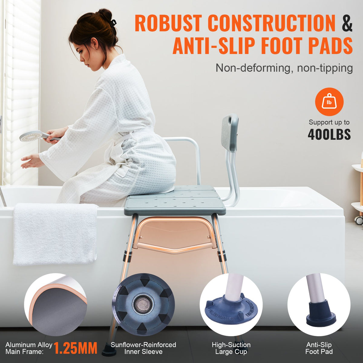 VEVOR Tub Transfer Bench for Bathtub, Adjustable Shower Seats for Adults, Lightweight Shower Bench for Elderly and Disabled, Non-Slip Bath Seats with Armrest and Reversible Backrest, 400lbs Capacity - GDSYGZYTLSLBISSULV0 - view 5