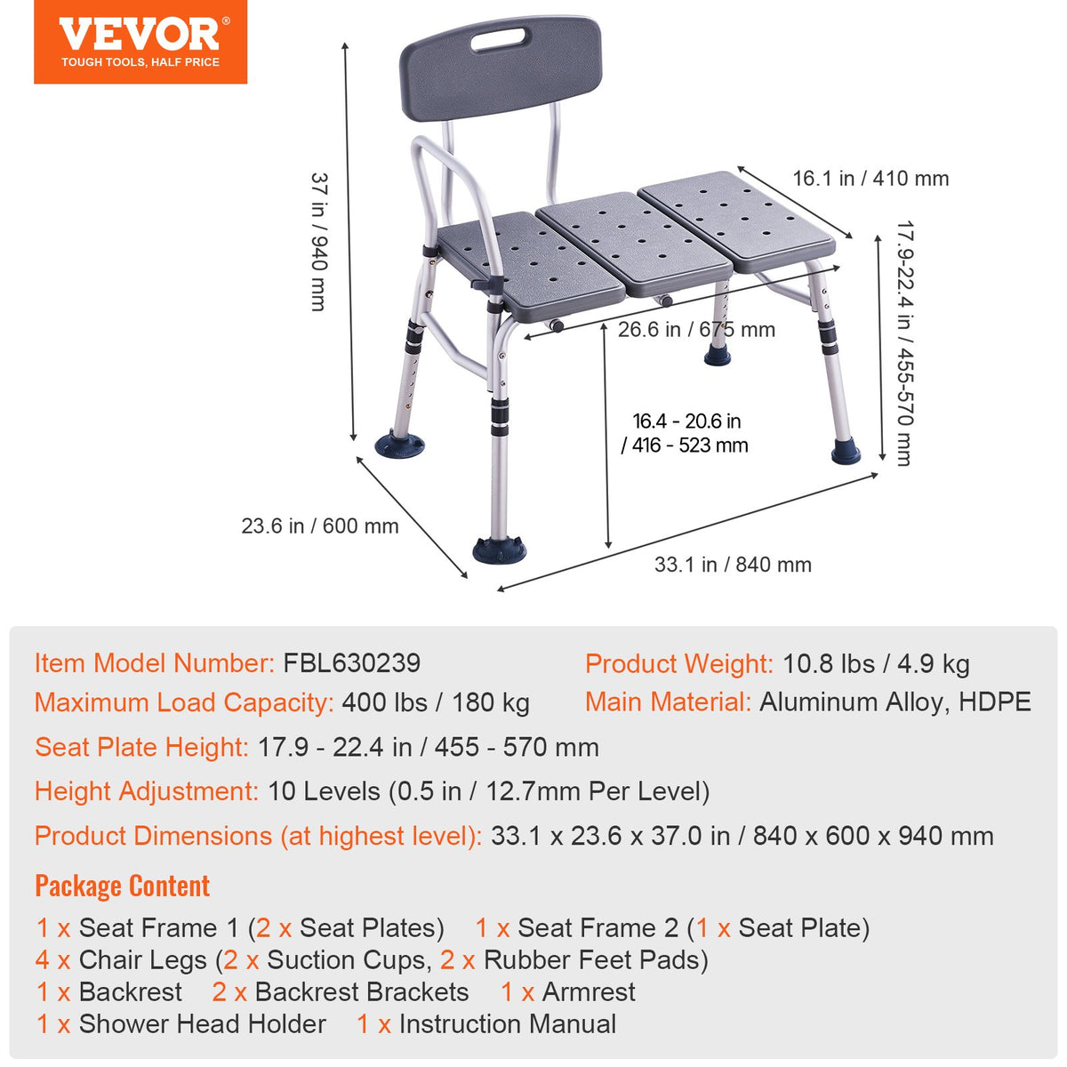 VEVOR Tub Transfer Bench for Bathtub, Adjustable Shower Seats for Adults, Lightweight Shower Bench for Elderly and Disabled, Non-Slip Bath Seats with Armrest and Reversible Backrest, 400lbs Capacity - GDSYGZYTLSLBISSULV0 - view 8