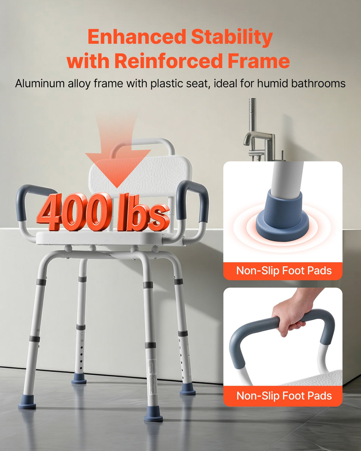VEVOR Swivel Shower Chair with Arms and Back, 400 lbs Heavy Duty Bench Seat for Inside Shower Stall and Bathtub, Height Adjustable Bathroom Bath Tub Seat for Adults, Seniors, Elderly and Disabled - GDSYGZYTLSLK8Q9Y5001V0 - view 5