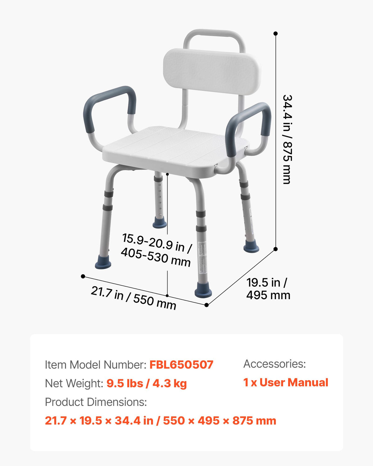 VEVOR Swivel Shower Chair with Arms and Back, 400 lbs Heavy Duty Bench Seat for Inside Shower Stall and Bathtub, Height Adjustable Bathroom Bath Tub Seat for Adults, Seniors, Elderly and Disabled - GDSYGZYTLSLK8Q9Y5001V0 - view 8