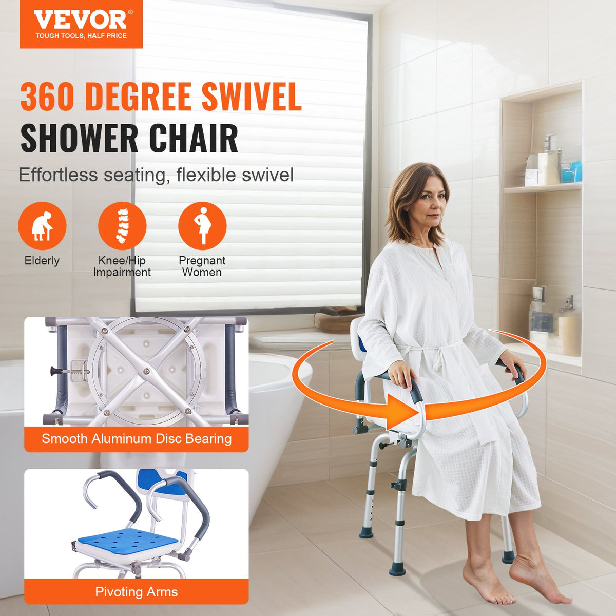VEVOR Swivel Shower Chair 360 Degree, Adjustable Shower Seat with Pivoting Arms for Inside Showers or Tubs, Non-Slip Rotating Bathtub Shower Chair for Elderly Disabled Injured, 400LBS Capacity - GDSYGZYTLSLKLF6OHV0 - view 3