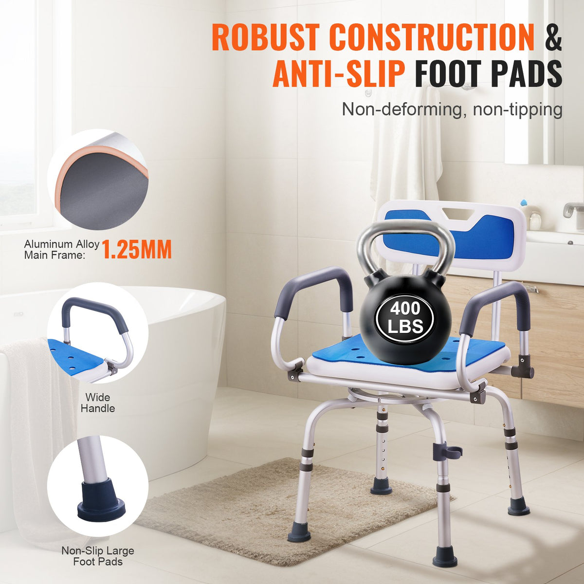 VEVOR Swivel Shower Chair 360 Degree, Adjustable Shower Seat with Pivoting Arms for Inside Showers or Tubs, Non-Slip Rotating Bathtub Shower Chair for Elderly Disabled Injured, 400LBS Capacity - GDSYGZYTLSLKLF6OHV0 - view 5