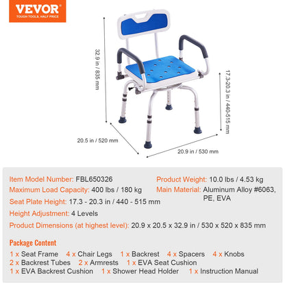 VEVOR Swivel Shower Chair 360 Degree, Adjustable Shower Seat with Pivoting Arms for Inside Showers or Tubs, Non-Slip Rotating Bathtub Shower Chair for Elderly Disabled Injured, 400LBS Capacity - GDSYGZYTLSLKLF6OHV0 - view 8