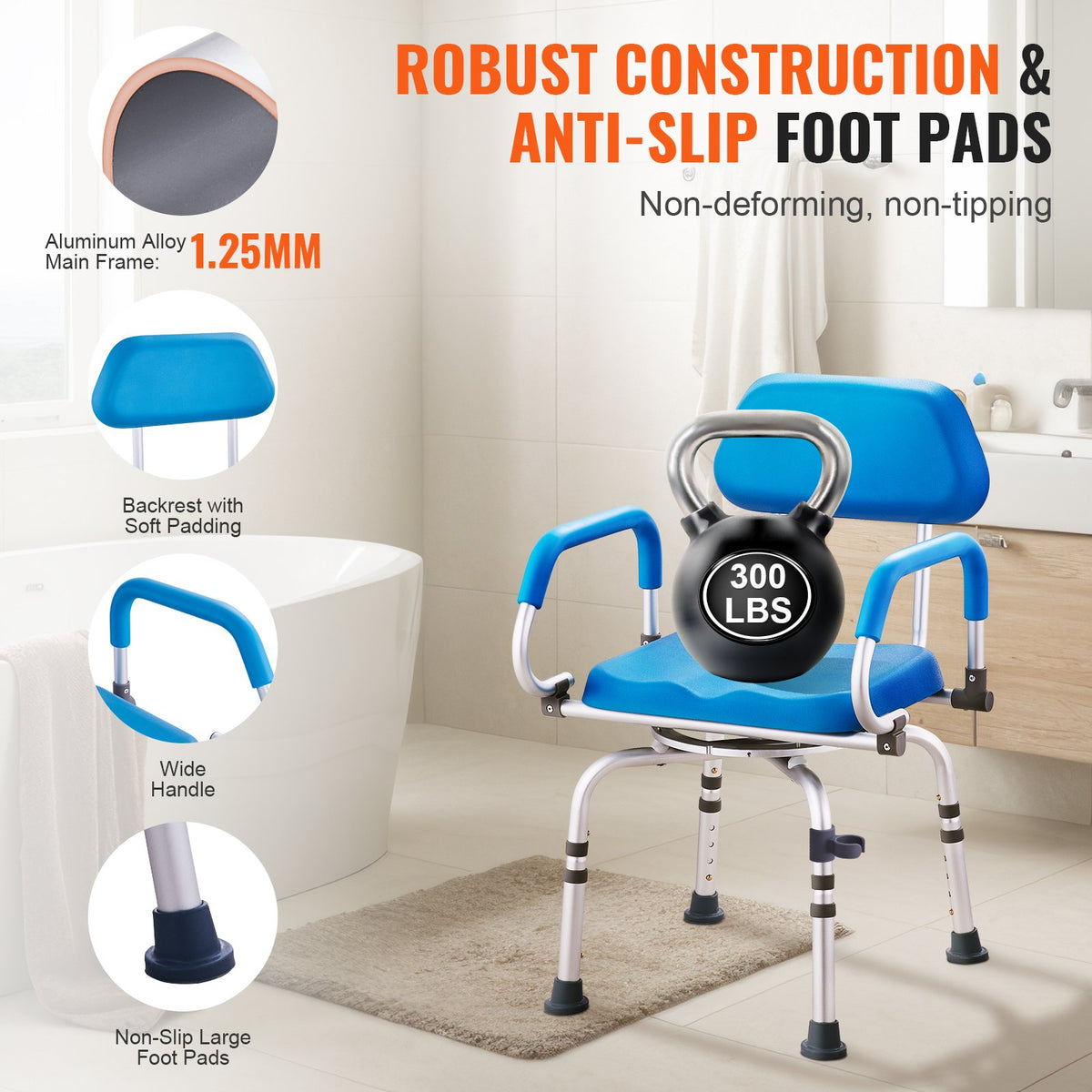 VEVOR Swivel Shower Chair 360 Degree, Adjustable Shower Seat with Pivoting Arms & Padded Bath Seat for Inside Shower or Tub, Non-Slip Rotating Bathtub Chair for Elderly Disabled, 300LBS Capacity - GDSYGZYTLSLKVG9ABV0 - view 5