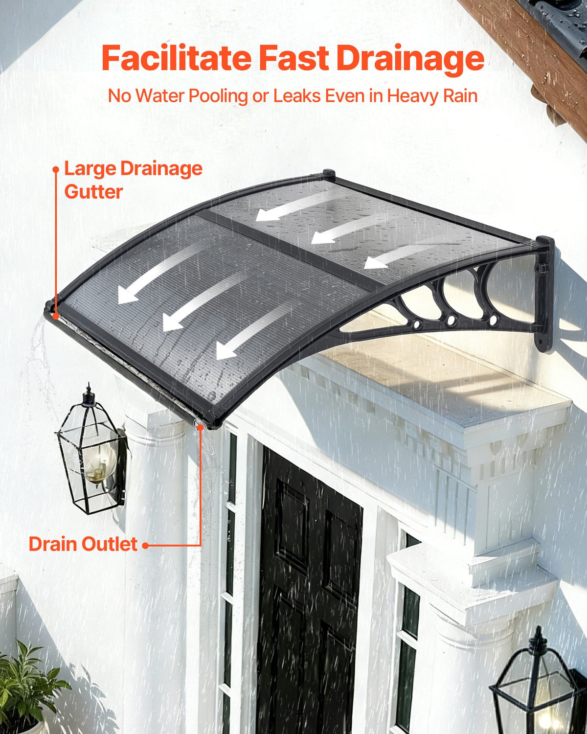 VEVOR Awnings for Door Entrance, 30 x 39 in, Exterior Front Door Window Awnings with Drainage & ABS Bracket, Rain Snow Sun Protection, Overhang Polycarbonate Door Canopy for Porch Patio, Smoky Gray - GDSZYP3040YCJJP3W001V0 - view 3