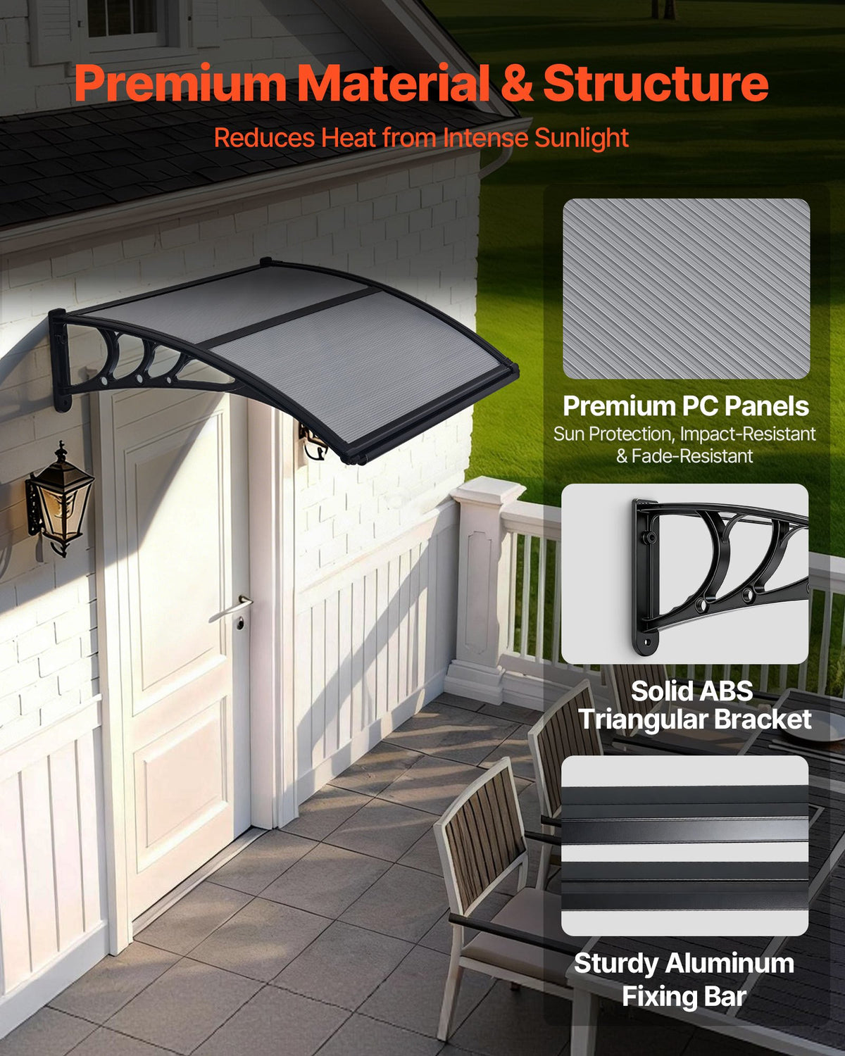 VEVOR Awnings for Door Entrance, 30 x 39 in, Exterior Front Door Window Awnings with Drainage & ABS Bracket, Rain Snow Sun Protection, Overhang Polycarbonate Door Canopy for Porch Patio, Smoky Gray - GDSZYP3040YCJJP3W001V0 - view 5
