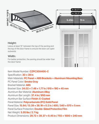 VEVOR Awnings for Door Entrance, 30 x 39 in, Exterior Front Door Window Awnings with Drainage & ABS Bracket, Rain Snow Sun Protection, Overhang Polycarbonate Door Canopy for Porch Patio, Smoky Gray - GDSZYP3040YCJJP3W001V0 - view 8