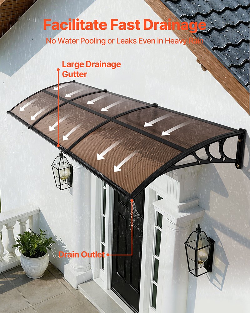 VEVOR Awnings for Door Entrance, 38 x 117 in, Exterior Front Door Window Awnings with Drainage & ABS Bracket, Rain Snow Sun Protection, Overhang Polycarbonate Door Canopy for Porch Patio, Brown - GDSZYP40120Y8FUG0001V0 - view 3