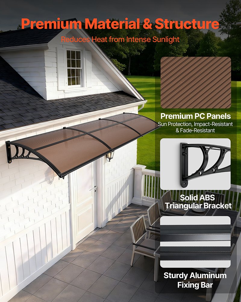 VEVOR Awnings for Door Entrance, 38 x 117 in, Exterior Front Door Window Awnings with Drainage & ABS Bracket, Rain Snow Sun Protection, Overhang Polycarbonate Door Canopy for Porch Patio, Brown - GDSZYP40120Y8FUG0001V0 - view 5