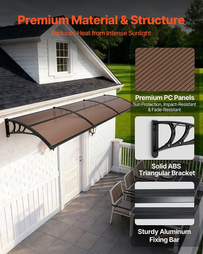 VEVOR Awnings for Door Entrance, 38 x 117 in, Exterior Front Door Window Awnings with Drainage & ABS Bracket, Rain Snow Sun Protection, Overhang Polycarbonate Door Canopy for Porch Patio, Brown - GDSZYP40120Y8FUG0001V0 - view 5