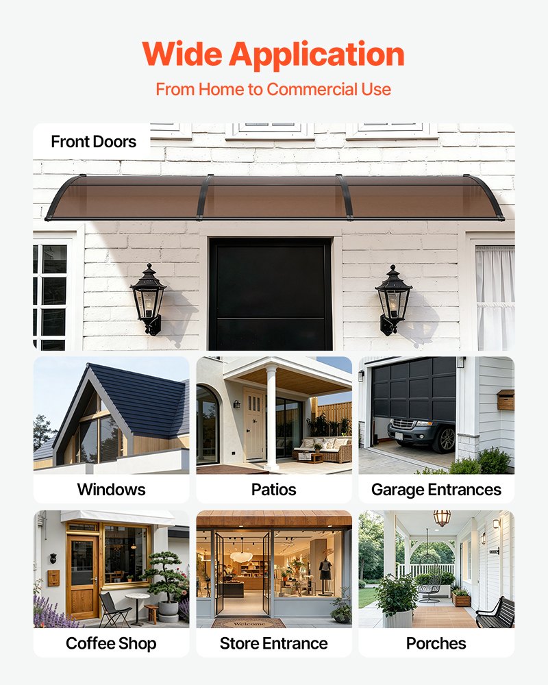 VEVOR Awnings for Door Entrance, 38 x 117 in, Exterior Front Door Window Awnings with Drainage & ABS Bracket, Rain Snow Sun Protection, Overhang Polycarbonate Door Canopy for Porch Patio, Brown - GDSZYP40120Y8FUG0001V0 - view 7