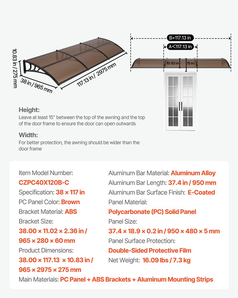 VEVOR Awnings for Door Entrance, 38 x 117 in, Exterior Front Door Window Awnings with Drainage & ABS Bracket, Rain Snow Sun Protection, Overhang Polycarbonate Door Canopy for Porch Patio, Brown - GDSZYP40120Y8FUG0001V0 - view 8