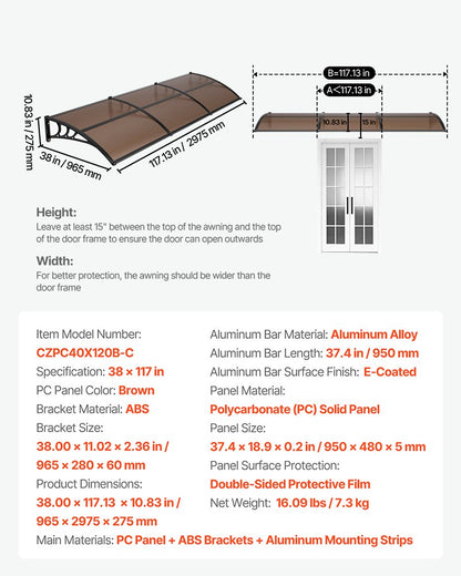 VEVOR Awnings for Door Entrance, 38 x 117 in, Exterior Front Door Window Awnings with Drainage & ABS Bracket, Rain Snow Sun Protection, Overhang Polycarbonate Door Canopy for Porch Patio, Brown - GDSZYP40120Y8FUG0001V0 - view 8