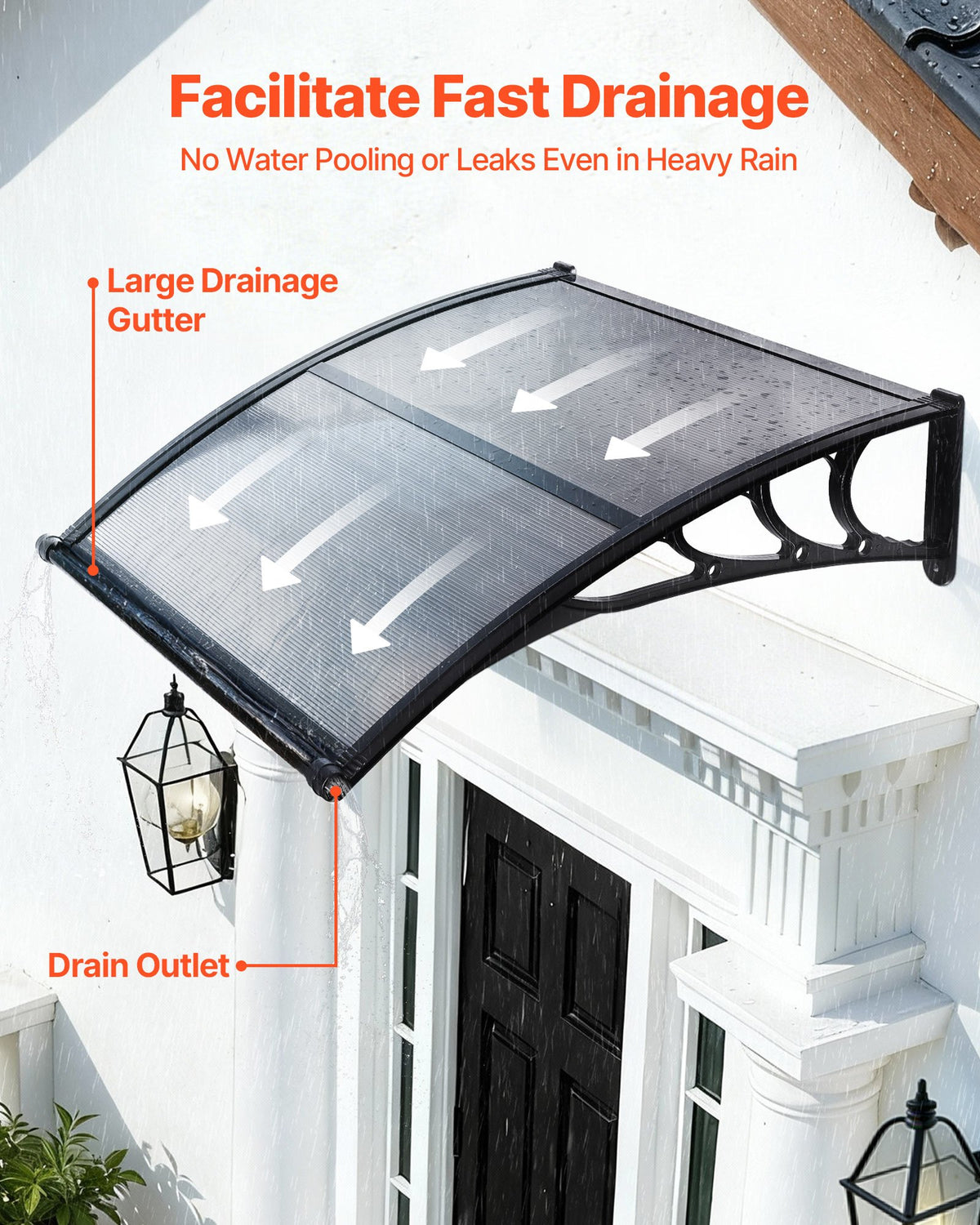 VEVOR Awnings for Door Entrance, 38 x 40 in, Exterior Front Door Window Awnings with Drainage & ABS Bracket, Rain Snow Sun Protection, Overhang Polycarbonate Door Canopy for Porch Patio, Smoky Gray - GDSZYP4040YC1V67C001V0 - view 3