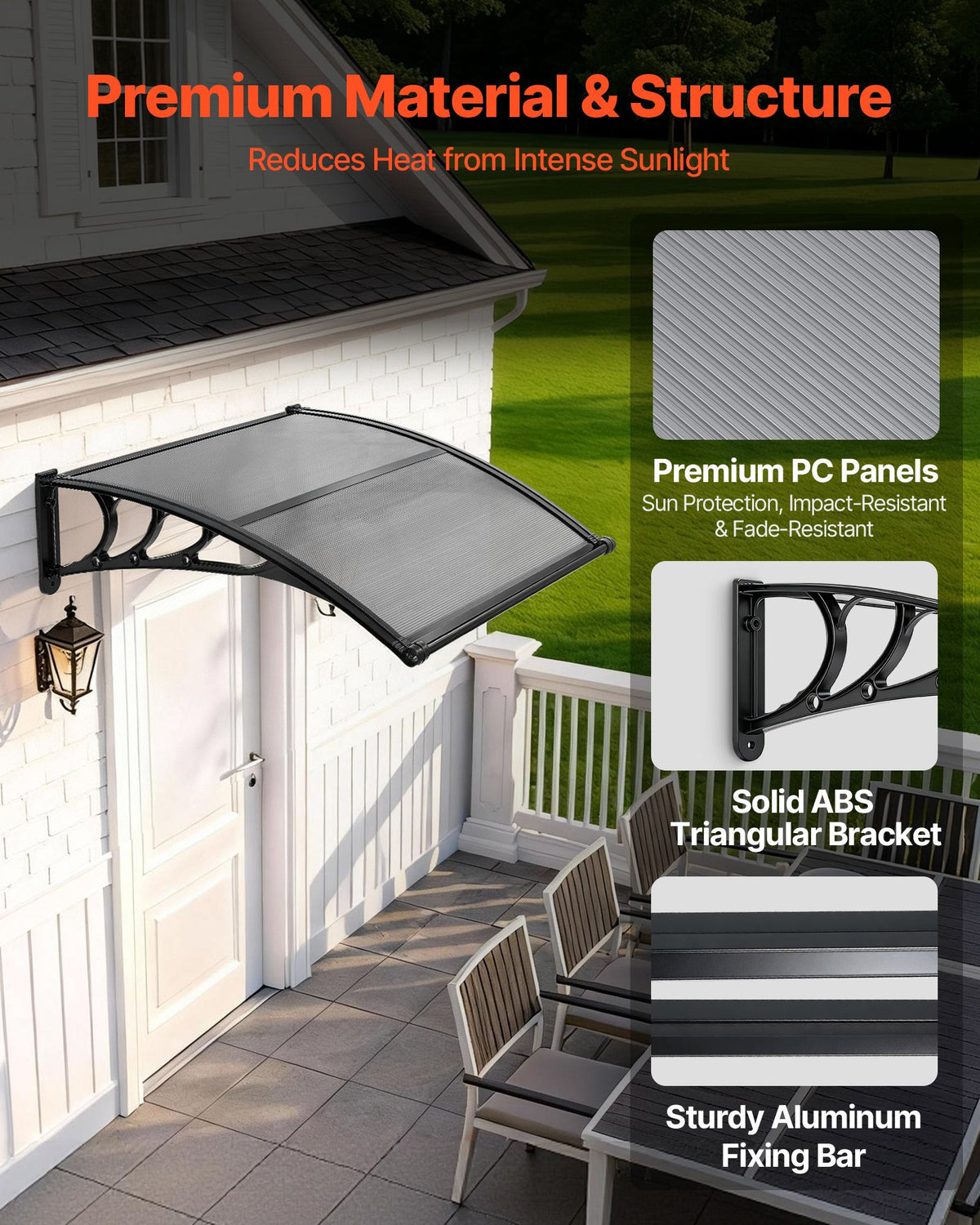 VEVOR Awnings for Door Entrance, 38 x 40 in, Exterior Front Door Window Awnings with Drainage & ABS Bracket, Rain Snow Sun Protection, Overhang Polycarbonate Door Canopy for Porch Patio, Smoky Gray - GDSZYP4040YC1V67C001V0 - view 5
