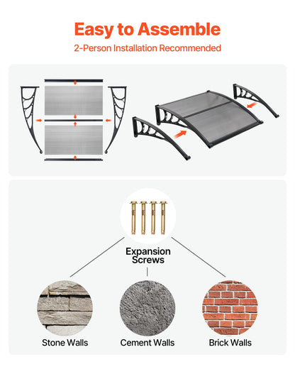 VEVOR Awnings for Door Entrance, 38 x 40 in, Exterior Front Door Window Awnings with Drainage & ABS Bracket, Rain Snow Sun Protection, Overhang Polycarbonate Door Canopy for Porch Patio, Smoky Gray - GDSZYP4040YC1V67C001V0 - view 6