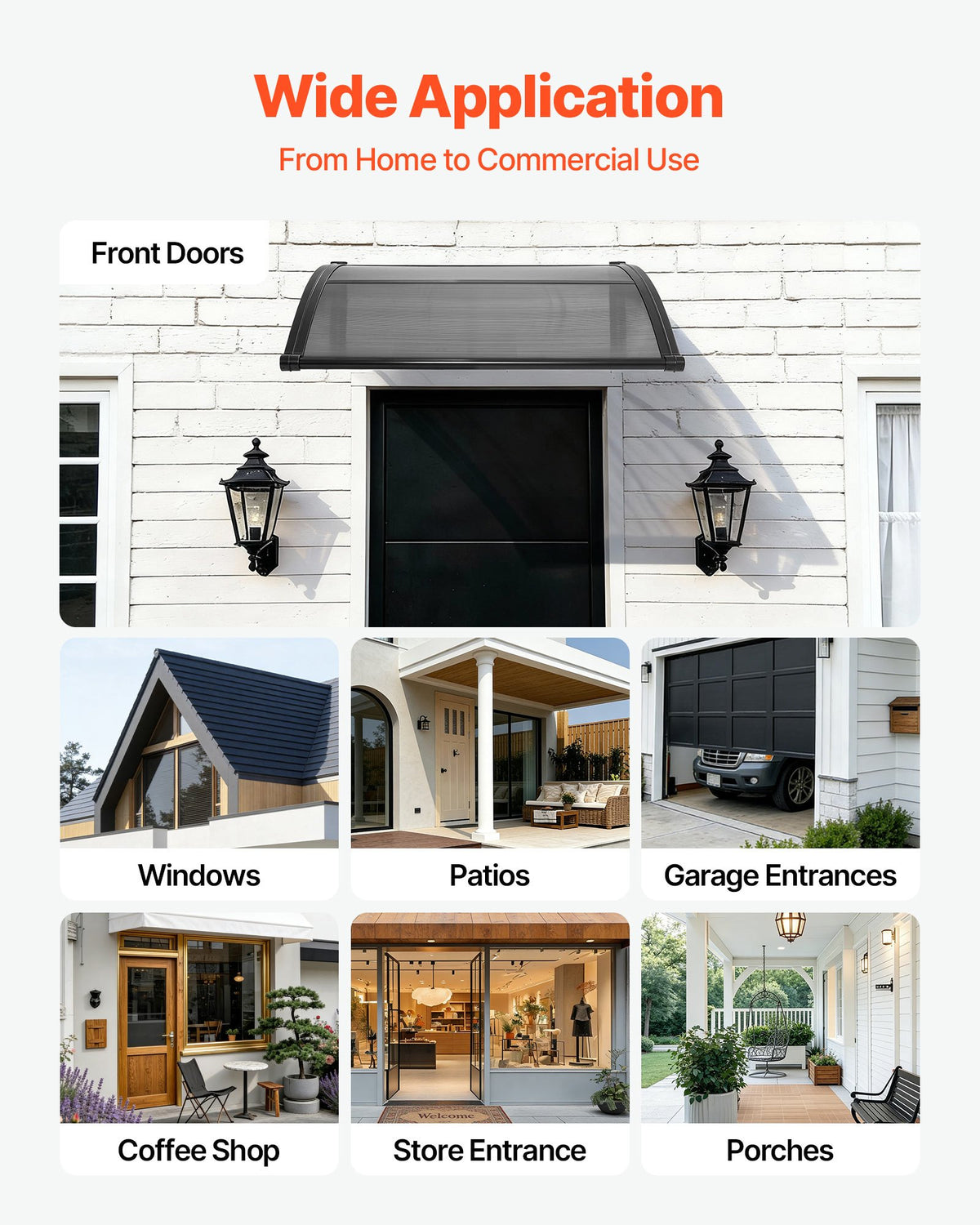VEVOR Awnings for Door Entrance, 38 x 40 in, Exterior Front Door Window Awnings with Drainage & ABS Bracket, Rain Snow Sun Protection, Overhang Polycarbonate Door Canopy for Porch Patio, Smoky Gray - GDSZYP4040YC1V67C001V0 - view 7
