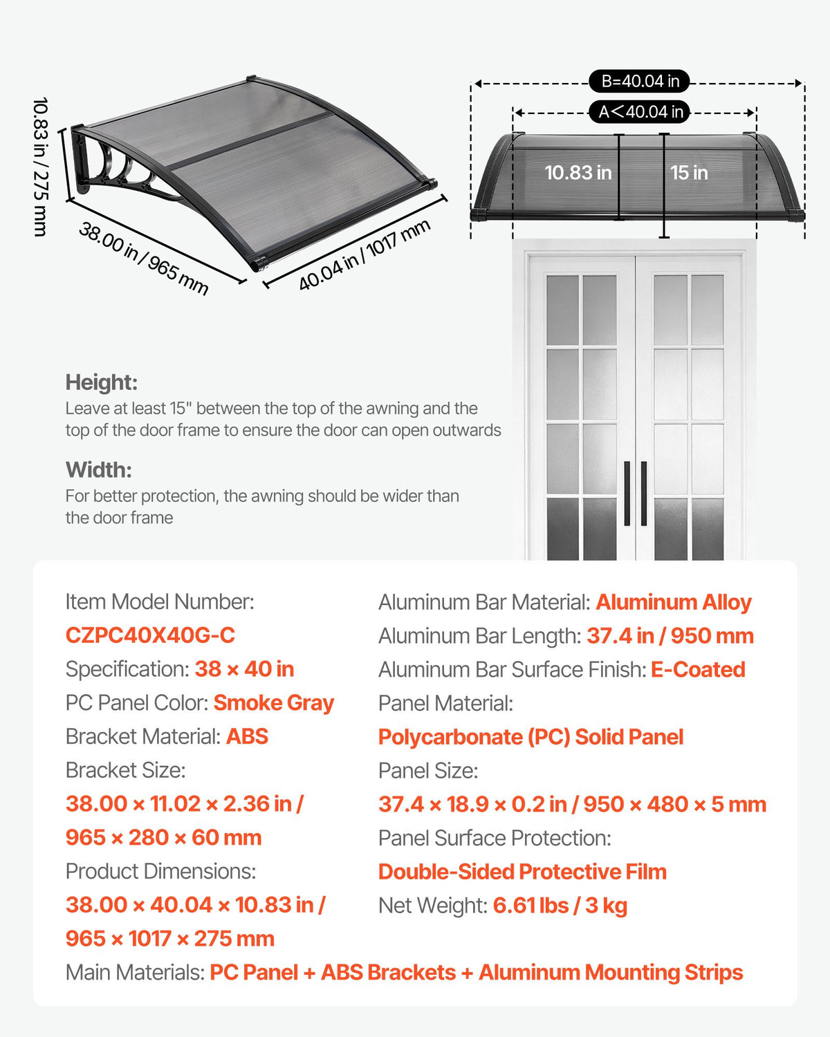 VEVOR Awnings for Door Entrance, 38 x 40 in, Exterior Front Door Window Awnings with Drainage & ABS Bracket, Rain Snow Sun Protection, Overhang Polycarbonate Door Canopy for Porch Patio, Smoky Gray - GDSZYP4040YC1V67C001V0 - view 8