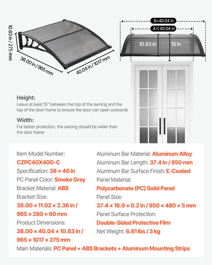 VEVOR Awnings for Door Entrance, 38 x 40 in, Exterior Front Door Window Awnings with Drainage & ABS Bracket, Rain Snow Sun Protection, Overhang Polycarbonate Door Canopy for Porch Patio, Smoky Gray - GDSZYP4040YC1V67C001V0 - view 8