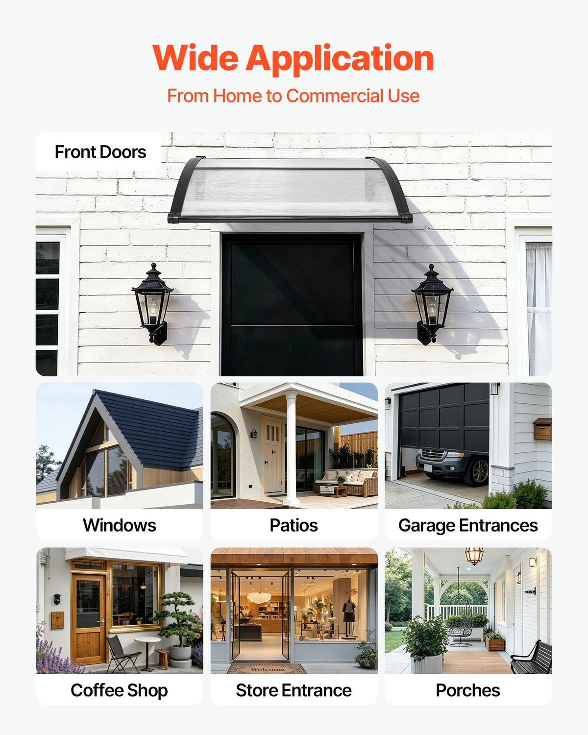 VEVOR Awnings for Door Entrance, 38 x 40 in, Exterior Front Door Window Awnings with Drainage & ABS Bracket, Rain Snow Sun Protection, Overhang Polycarbonate Door Canopy for Porch Patio, Clear - GDSZYP4040YCGPQDX001V0 - view 7