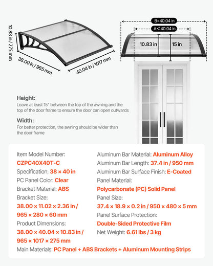 VEVOR Awnings for Door Entrance, 38 x 40 in, Exterior Front Door Window Awnings with Drainage & ABS Bracket, Rain Snow Sun Protection, Overhang Polycarbonate Door Canopy for Porch Patio, Clear - GDSZYP4040YCGPQDX001V0 - view 8