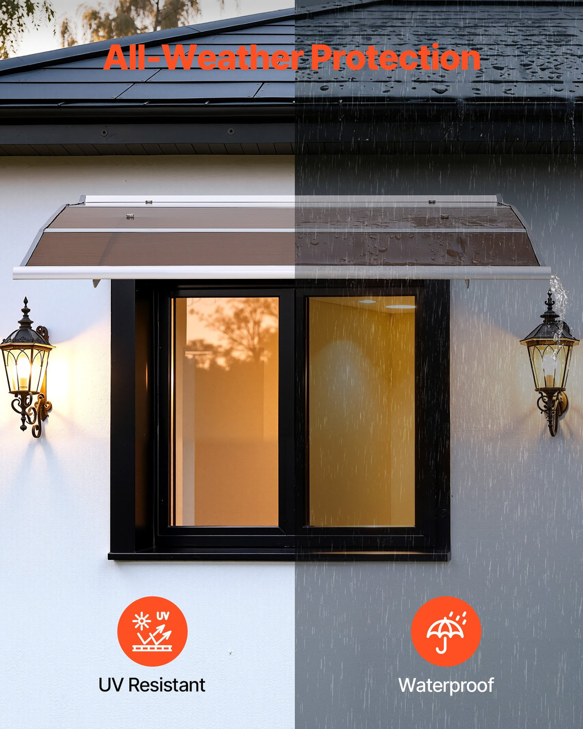 VEVOR Awnings for Door Entrance, 37 x 47 in, Exterior Front Door Window Awnings with Drainage & ABS Bracket, Rain Snow Sun Protection, Overhang Polycarbonate Door Canopy for Porch Patio, Brown - GDSZYP4048INJ4JPP001V0 - view 4