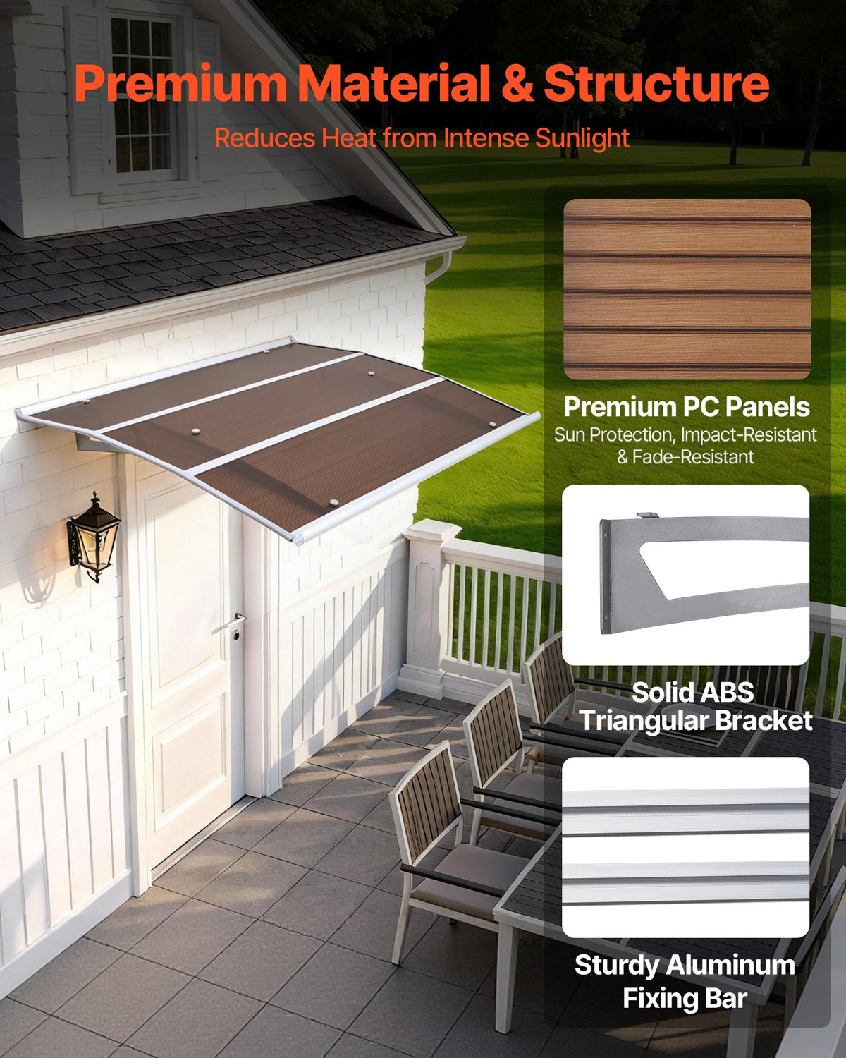 VEVOR Awnings for Door Entrance, 37 x 47 in, Exterior Front Door Window Awnings with Drainage & ABS Bracket, Rain Snow Sun Protection, Overhang Polycarbonate Door Canopy for Porch Patio, Brown - GDSZYP4048INJ4JPP001V0 - view 5