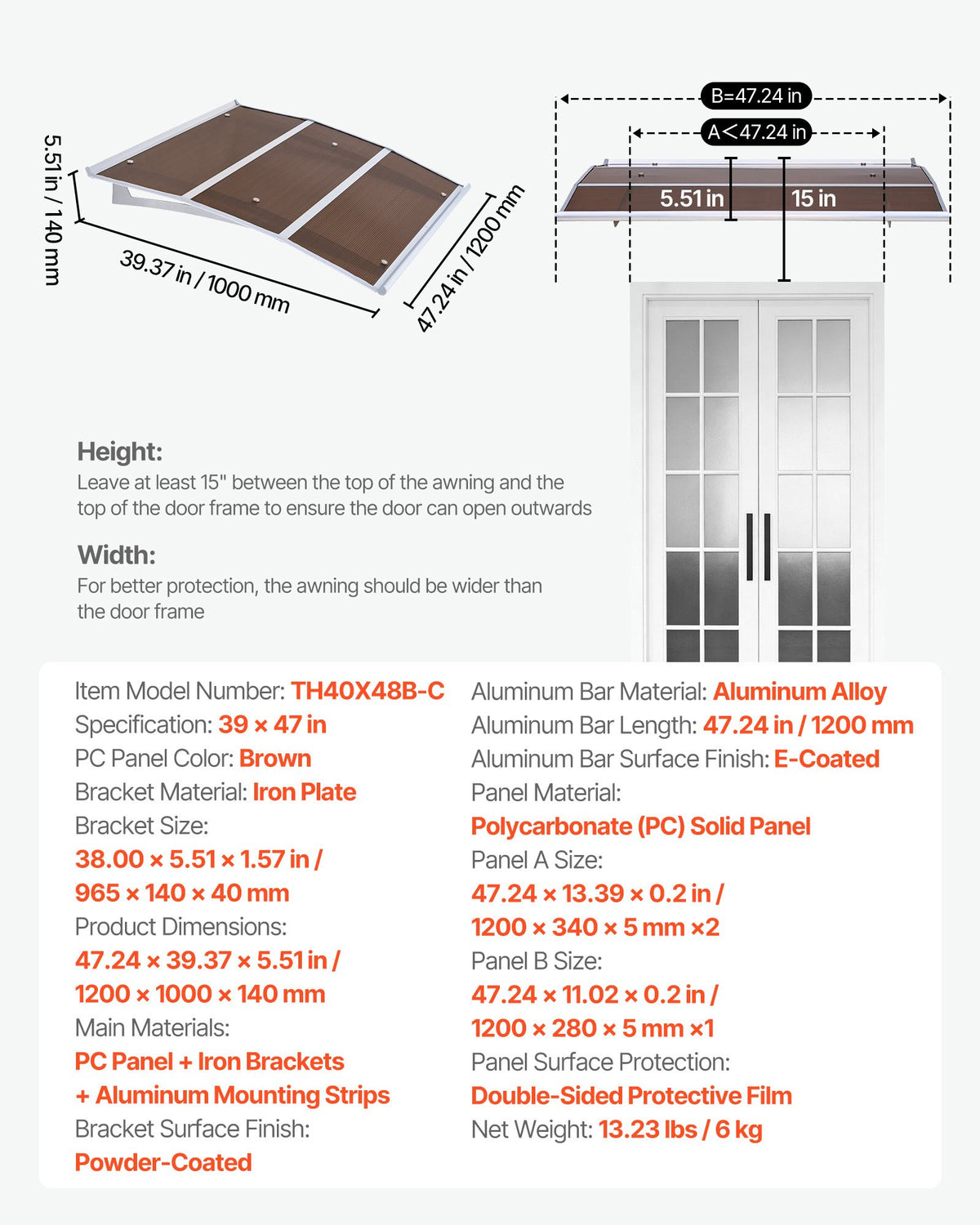 VEVOR Awnings for Door Entrance, 37 x 47 in, Exterior Front Door Window Awnings with Drainage & ABS Bracket, Rain Snow Sun Protection, Overhang Polycarbonate Door Canopy for Porch Patio, Brown - GDSZYP4048INJ4JPP001V0 - view 8