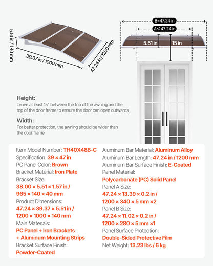 VEVOR Awnings for Door Entrance, 37 x 47 in, Exterior Front Door Window Awnings with Drainage & ABS Bracket, Rain Snow Sun Protection, Overhang Polycarbonate Door Canopy for Porch Patio, Brown - GDSZYP4048INJ4JPP001V0 - view 8