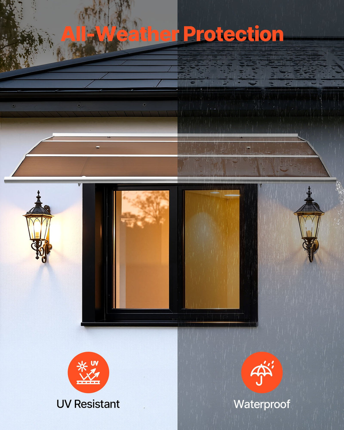 VEVOR Awnings for Door Entrance, 39 x 59 in, Exterior Front Door Window Awnings with Drainage & Metal Bracket, Rain Snow Sun Protection, Overhang Polycarbonate Door Canopy for Porch Patio, Brown - GDSZYP4059IN8U93V001V0 - view 4